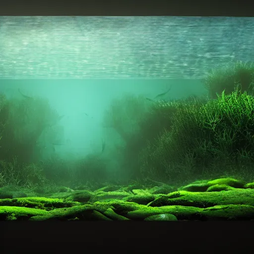 Image similar to octane render filtered lighting overgrown seaweed underwater theater 4 k