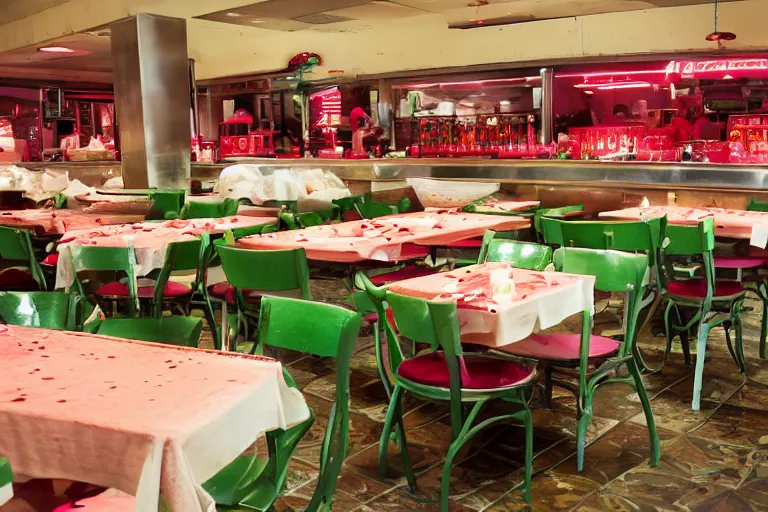 Prompt: 2 0 1 2 watermelon new jersey diner, tables repeat endlessly into the horizon, fruitcore, one point perspective, americana photographer