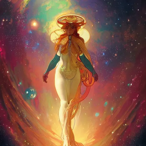 Image similar to highly detailed digital of colorful nebulas, planets in the background, highly detailed, intricate design, cinematic view, 8 k resolution, artstation by alphonse mucha, moebius, krenz cushart