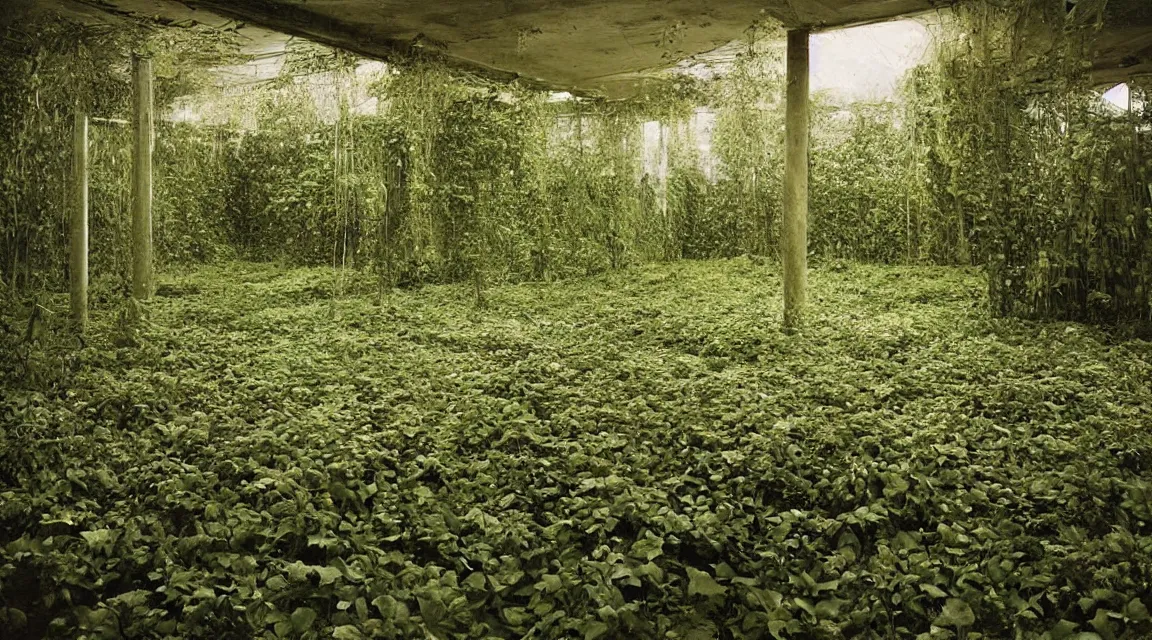 Image similar to stunningly beautiful large format photo of an empty room, one wall opens to psychedelic overgrown alien garden, by jeff wall, 10k
