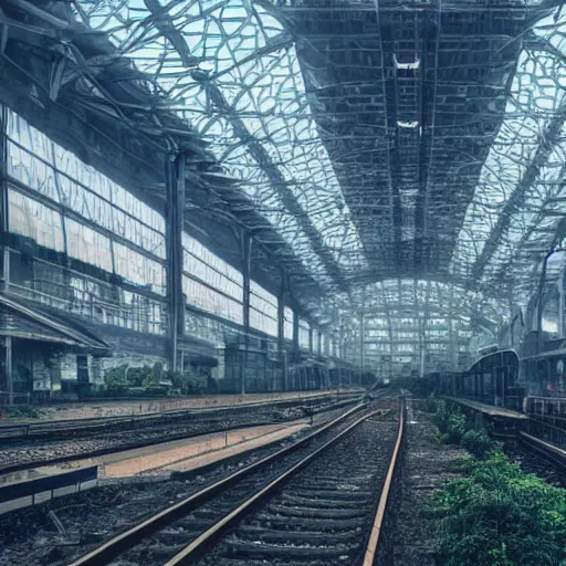 Image similar to lost beautiful overgrown city futuristic fantasy mixed with polluted industrial city airport and train station