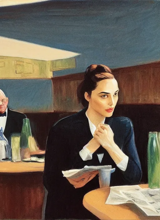 Image similar to Anthony Hopkins reading newspaper at the restaurant packed with women that look like Gal Gadot in the style of Francis Bacon and Frank Lloyd Wright, art deco interior, skylight open ceiling, highly detailed, painted by Edward Hopper, painted by James Gilleard