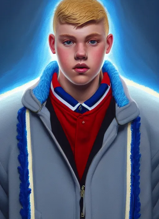 Image similar to portrait of high school senior boy named big moose, blonde short hair, jock, beefy, wide face, square jaw, square facial structure, blue varsity jacket with letter r, intricate, elegant, glowing lights, highly detailed, digital painting, artstation, concept art, sharp focus, illustration, art by wlop, mars ravelo and greg rutkowski