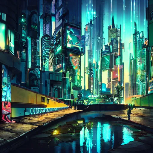 Image similar to beautiful graffiti on a wall, cyberpunk city, happy mood, futuristic, high detail, sunset, photorealistic