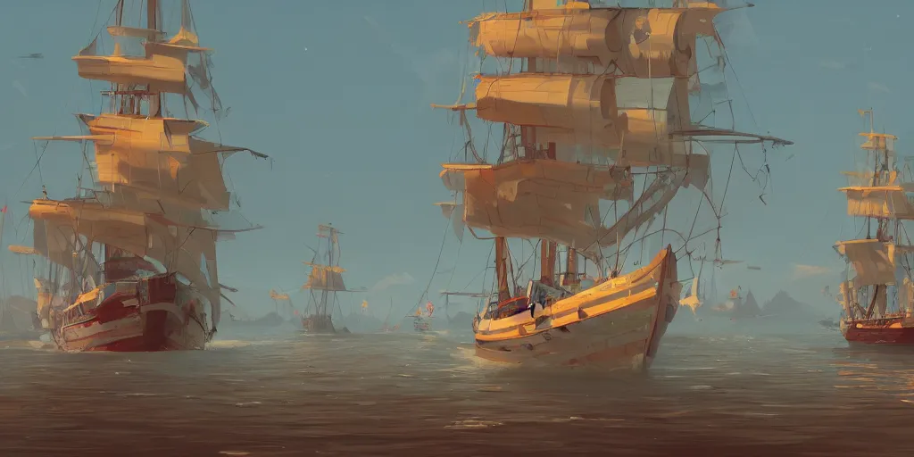 Prompt: sailboats and pirate ships by Goro Fujita and Simon Stalenhag , 8k, trending on artstation, hyper detailed, cinematic