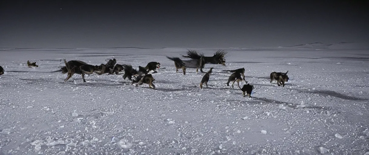 Image similar to filmic extreme wide shot movie still 4 k uhd interior 3 5 mm film color photograph of a bunch of creatures running around mcmurdo station in antartica at night