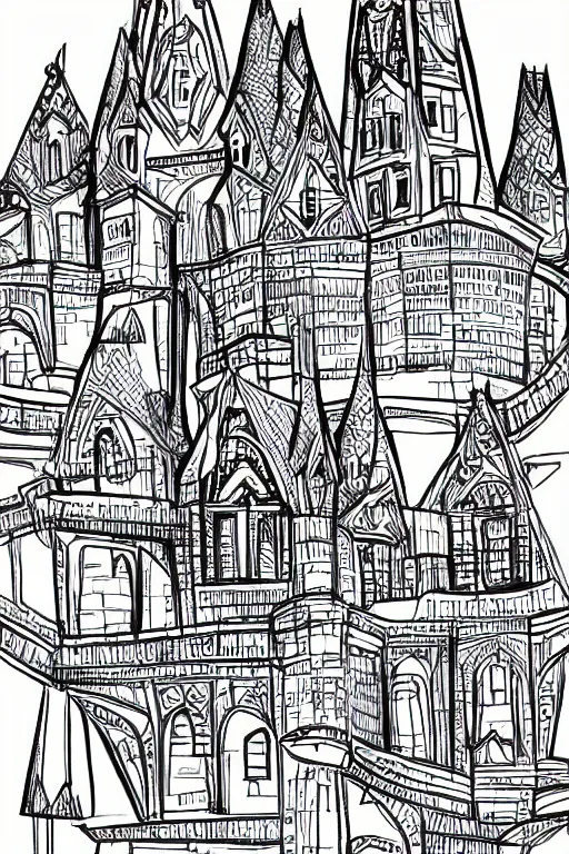 Image similar to single line sketch of elaborate intricate castle, scribble sketch, small details,