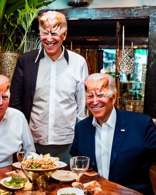 Image similar to Trump and Biden having dinner at a fancy Balinese restaurant, award winning photography, 85mm, perfect faces