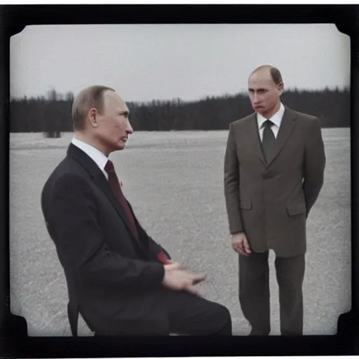 Image similar to Vladimir putin looking at an icbm missile. polaroid. bleak.