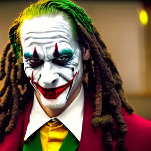 Prompt: a film still of Snoop Dogg starring as The Joker, 40mm lens, shallow depth of field, split lighting, cinematic