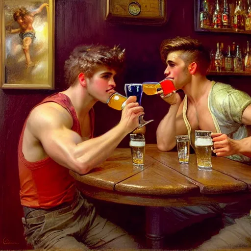 Image similar to attractive maculine male with brunet hair and attractive masculine male with blond hair. pants and shorts, drinking their hearts out, in a pub. highly detailed and very defined painting by gaston bussiere, j. c. leyendecker, craig mullins 8 k