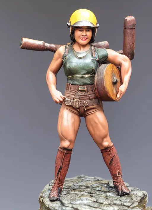 Prompt: 80mm resin detailed miniature of a very Muscular miner woman, sleeveless tops, helmet, abs, navel, boots, Logo, textured base; Product Introduction Photos, 4K, view from front