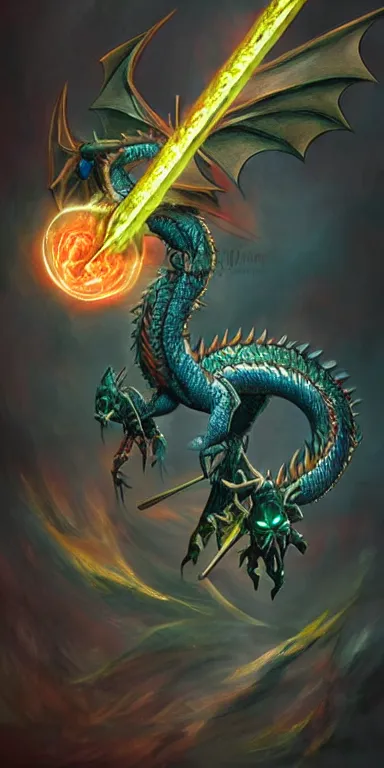 Image similar to draconic staff, dragon staff, dragon head on top of the staff, glowing draconic staff, epic fantasy style art, fantasy epic digital art, epic fantasy weapon art, hearthstone style art