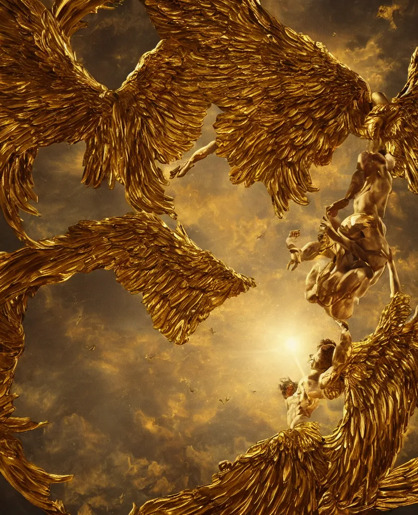 Prompt: icarus falling from the sky, golden big wings, dramatic, round baroque frame, extremely detailed, 8 k