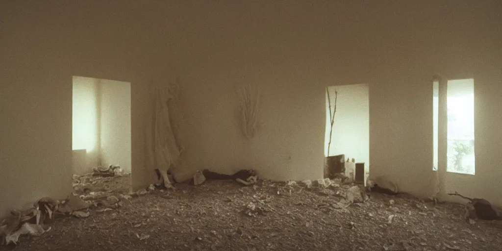 Prompt: interior of a house built on nothing, eerie vibe, leica, 2 4 mm lens, cinematic screenshot from the 2 0 0 1 surrealist film directed by charlie kaufman, kodak color film stock, f / 2 2, 2 4 mm wide angle anamorphic