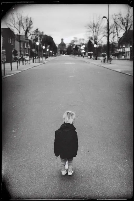 Image similar to photo polaroid of sad and lonely child in the middle of the street, looks towards a funfair, loneliness, black and white ,photorealistic, 35mm film,high detailed