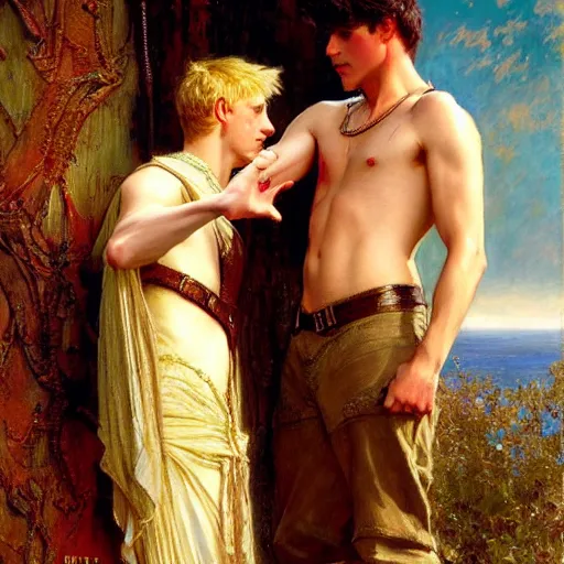 Prompt: attractive arthur pendragon in love with attractive male merlin. highly detailed painting by gaston bussiere, craig mullins, j. c. leyendecker