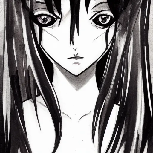 Image similar to headshot art of a goth anime woman, attractive, symmetrical face, trending on artstation, black and white watercolor