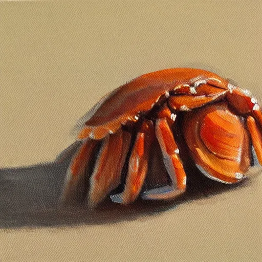 Image similar to loose painting of a hermit crab, macro, oil on canvas, hd