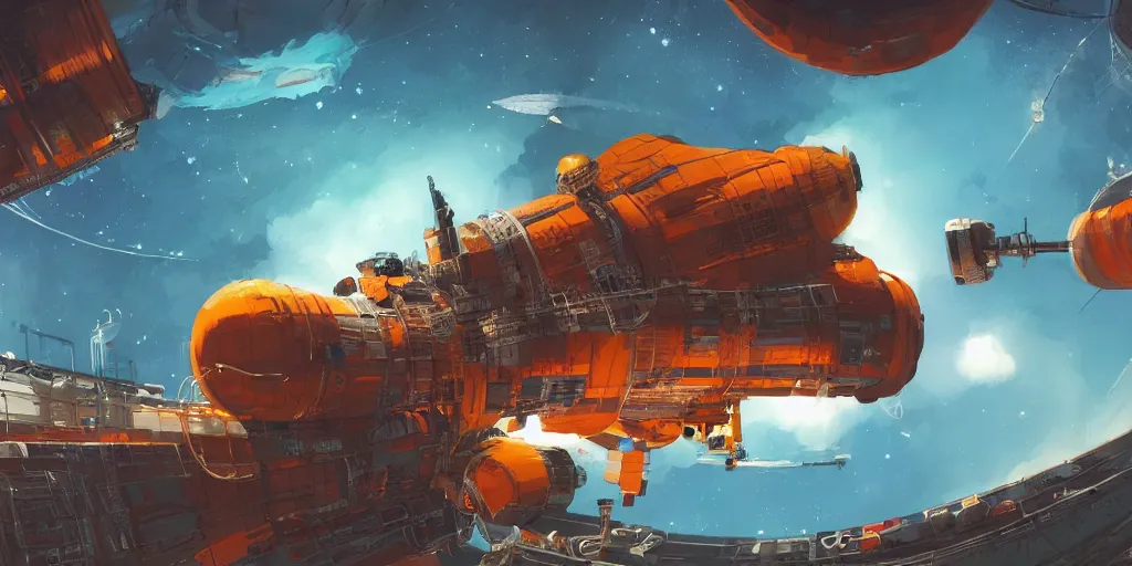 Image similar to Orange amp space station, kim jung gi style, Greg Rutkowski, Zabrocki, Karlkka, Jayison Devadas, trending on Artstation, 8K, ultra wide angle, zenith view, pincushion lens effect