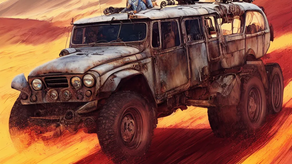 Image similar to digital illustration of mad max's fj 4 0 pursuit special riding fury road eternal shiny and chrome, world of fire and blood, the last v 8 interceptor driving down to the gates of valhalla highway, anime style, year 2 0 9 3, by makoto shinkai, ilya kuvshinov, lois van baarle, rossdraws, basquiat