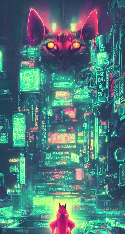 Image similar to a detailed matte painting of a neon cat under a black light with red led eyes, the cat is in a intricately detailed neo neon cyberpunk Japanese city, the angel of death with a halo, colorful background not limited to children, by Ismail Inceoglu , concept art, featured on cgsociety