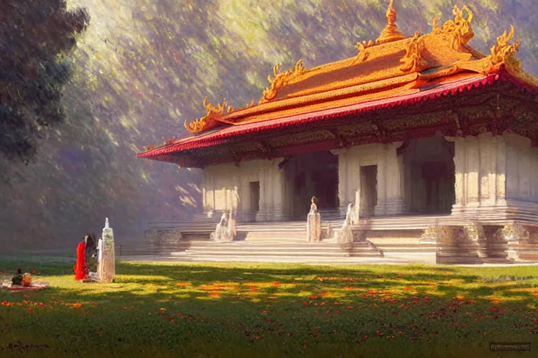 Image similar to temple, buddhism, impressionnisme, painting by greg rutkowski, artgerm, claude monet