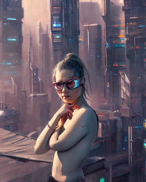 Image similar to realistic female artist painting on a canvas on the rooftop of a cyberpunk city, artstation trends, sci fi concept art, highly detailed, intricate, sharp focus, digital art, 8 k,