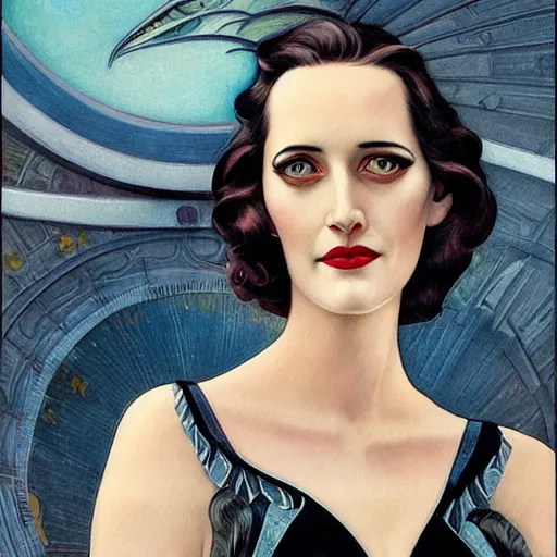 Image similar to a streamline moderne, art nouveau, multi - racial portrait of eva green in the style of charlie bowater, and in the style of donato giancola, and in the style of charles dulac. symmetry, ultrasharp focus, intricate symmetrical ultrafine streamline moderne background detail.