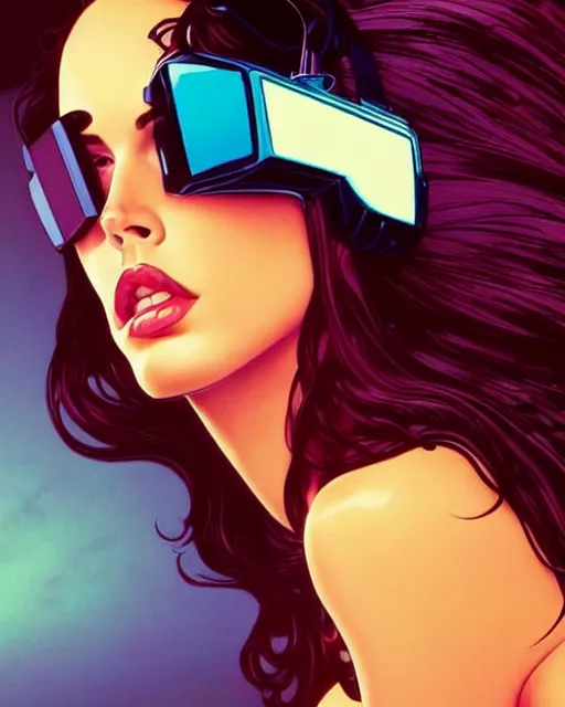 Image similar to low angle closeup very seductive megan fox retro scifi goddess pinup, vr goggles, action glamour pose, windblown dark hair, hyper detailed, digital art, studio lighting, smooth, ambient lighting, sharp focus, frank miller, wlop, anna dittmann, moebius!, alphonse mucha, patrick nagle!!!, rim lighting, synthwave