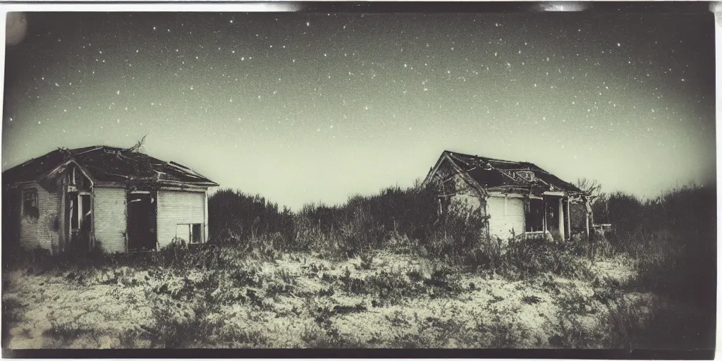 Image similar to polaroid photo of an abandoned house on a wasteland, colourful starry sky, slight color bleed, grain