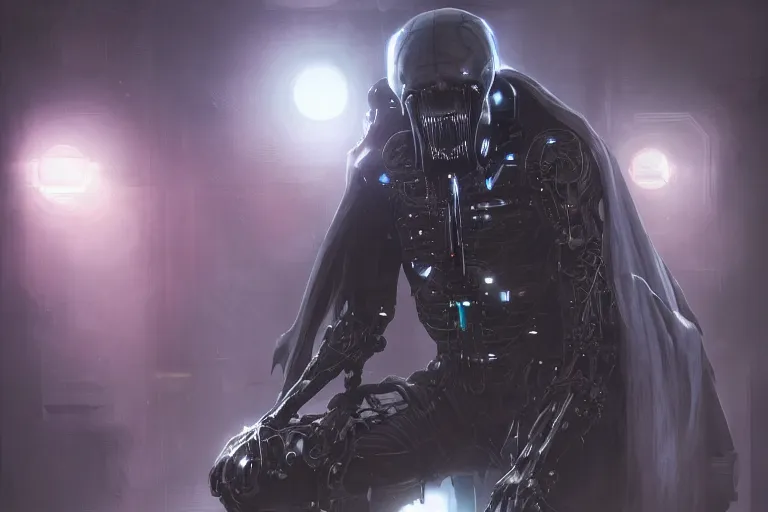 Prompt: portrait of cyborg Dementor from Harry Potter in cyberpunk, neon lighting, portrait in center, digital art from artstation by Ruan Jia and Mandy Jurgens and Artgerm and william-adolphe bouguereau and Greg Rutkowski and Wayne Barlowe