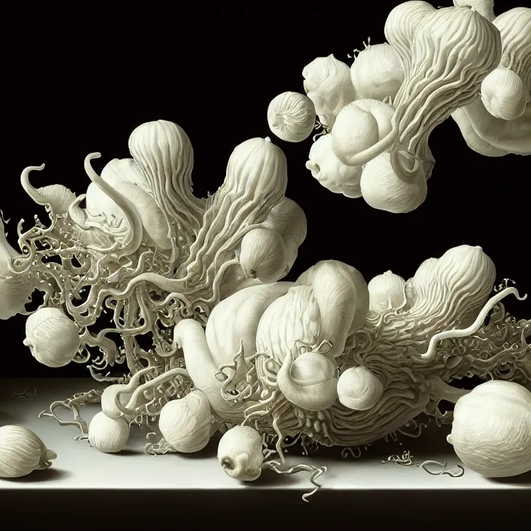 Prompt: still life of white flowers on a table, white alien squid, white octopus, , surreal alien ribbed white fruit, white human spine, baroque painting, beautiful detailed intricate insanely detailed octane render trending on Artstation, 8K artistic photography, photorealistic, chiaroscuro, Raphael, Caravaggio