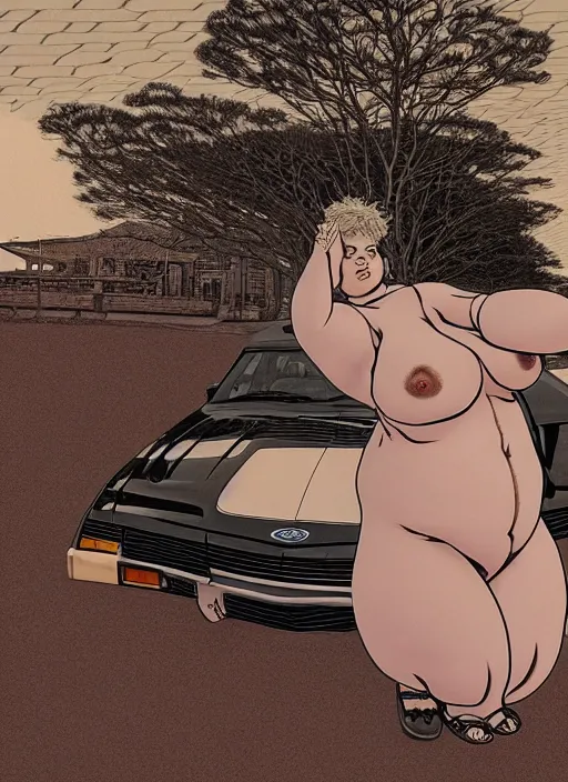 Image similar to fat woman posing near a ford taurus lx 1 9 8 6, intertwined, gothic, rich deep colrs, drawn by by kim jung gi, takato yamamoto. masterpiece. rendered in blender, smooth shadows, ultra detail, high resolution, cinematic unreal 6, 8 k