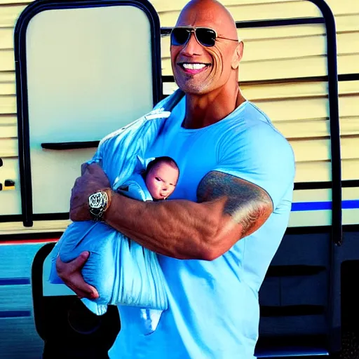 Prompt: dwayne the rock johnson holding a ziplock bag with baby blue meth, desert background, next to an rv, by stephen bliss, gta loading screen