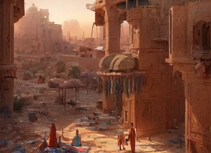 Prompt: Trader's City Kvar. Middle eastern buildings in the desert. Oasis. Colorful tapestries. a fantasy digital painting by Greg Rutkowski and James Gurney, trending on Artstation, highly detailed