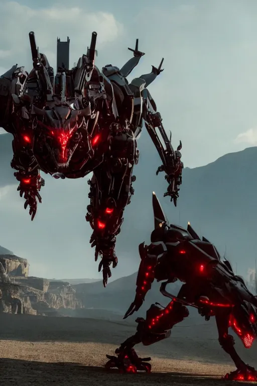 Image similar to cinematic still of westworld, a full body red si - fi robotic fantasy dragon, well armored mech dragon, highly detailed