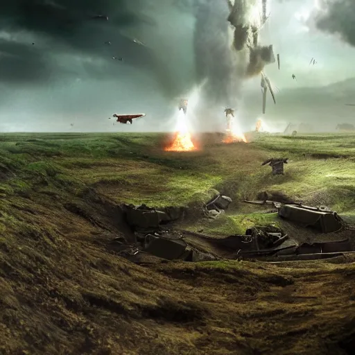 Image similar to natural looking fight landscape of ww 1 deep trenches with fortifications, crabs fighting with elephants, green gas spreading across land, futuristic tank is on fire, ground explosion in the background, alien mothership in the sky, hyper realistic, highly detailed, dramatic lighting, raytarced, god rays, 4 k, 8 k, matte painting