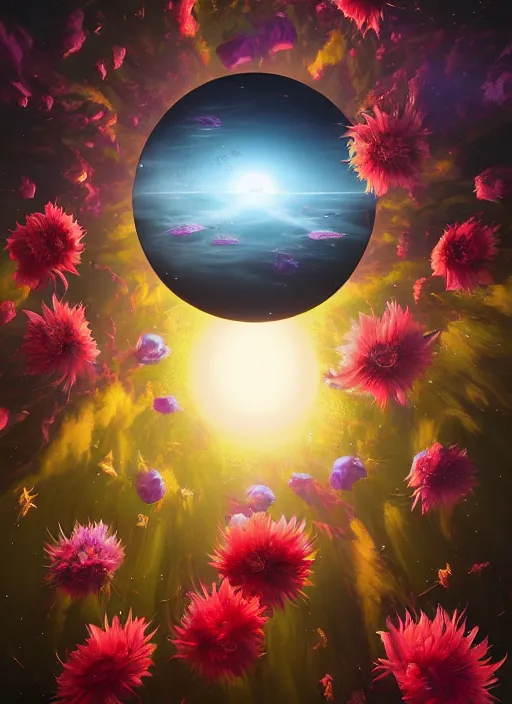 Image similar to An epic fantastic realism comic book style painting of the most beautiful flowers launched into space, bouquets, solar eclipse, fisheye, unreal 5, DAZ, hyperrealistic, octane render, dynamic lighting