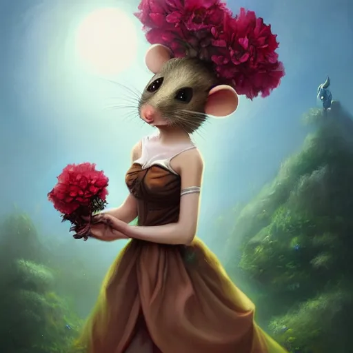 Prompt: an anthropomorphic mouse girl wearing a ball gown and holding a flower, garden, summer, 8k resolution matte fantasy painting, cinematic lighting, DeviantArt, Artstation, Jason Felix Steve Argyle Tyler Jacobson Peter Mohrbacher