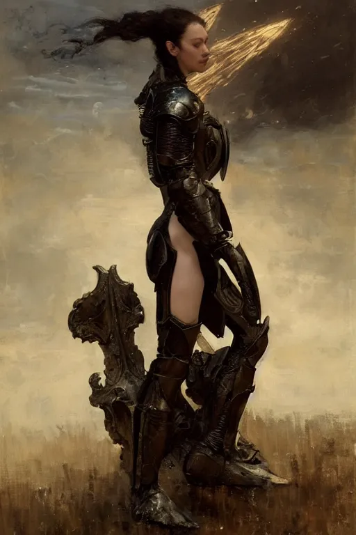 Image similar to short muscular stoya wearing black medieval armour, bare legs, detailed, by gaston bussiere, bayard wu, greg rutkowski, giger, maxim verehin, greg rutkowski, masterpiece, sharp focus, cinematic lightning