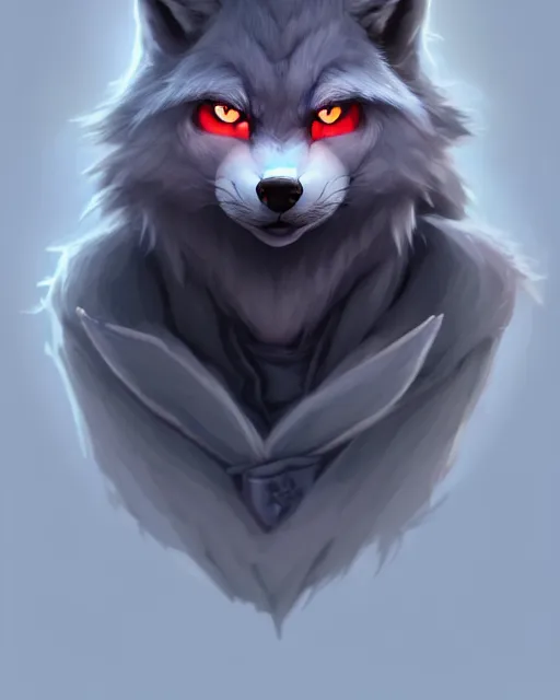 Image similar to character concept art of a dark gray anthropomorphic furry wolf with long red hair blue eyes | | cute - fine - face, pretty face, key visual, realistic shaded perfect face, fine details by stanley artgerm lau, wlop, rossdraws, james jean, andrei riabovitchev, marc simonetti, and sakimichan, artstation