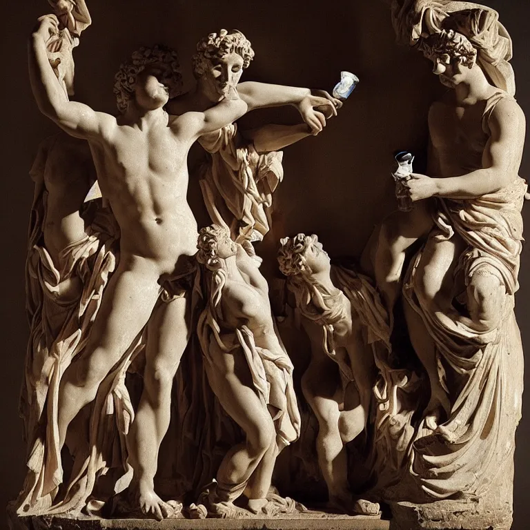 Image similar to at the rave, Dionysus drinks wine to forget his painful memories, ancient greek sculpture