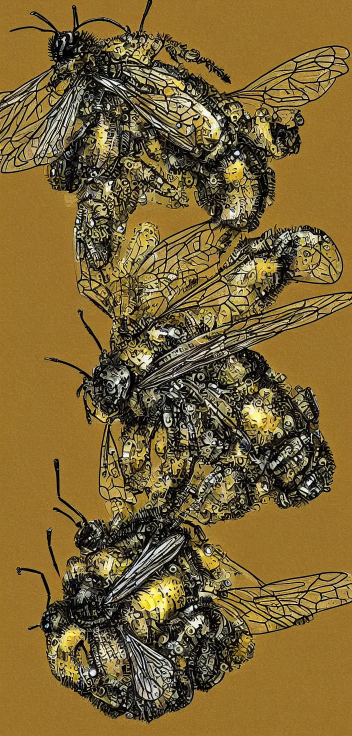 Image similar to metamorphosis of a mechanical Bee shedding it's organic outer layer, digital art