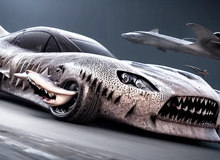 Image similar to hd wallpaper of a car made out of sharks, octane render, 8 k, hyperrealistic, unreal 5, intricate detail, cinematic, studio lighting, concept art, trending on artstation,