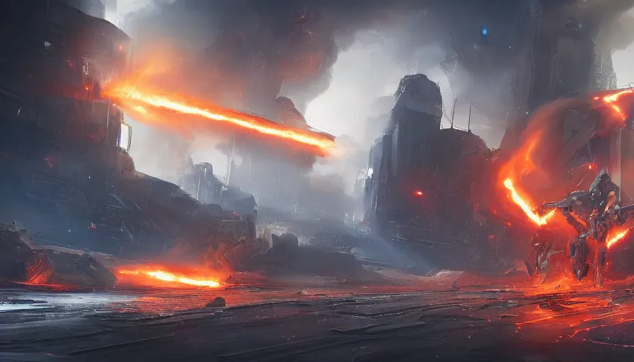 Prompt: Digital painting of a mecha using flamethrowers to destroy a city, humans fleeying, fire and ashes, smoke columns, apocalypse, devasted ground, war, hyperdetailed, artstation, cgsociety, 8k