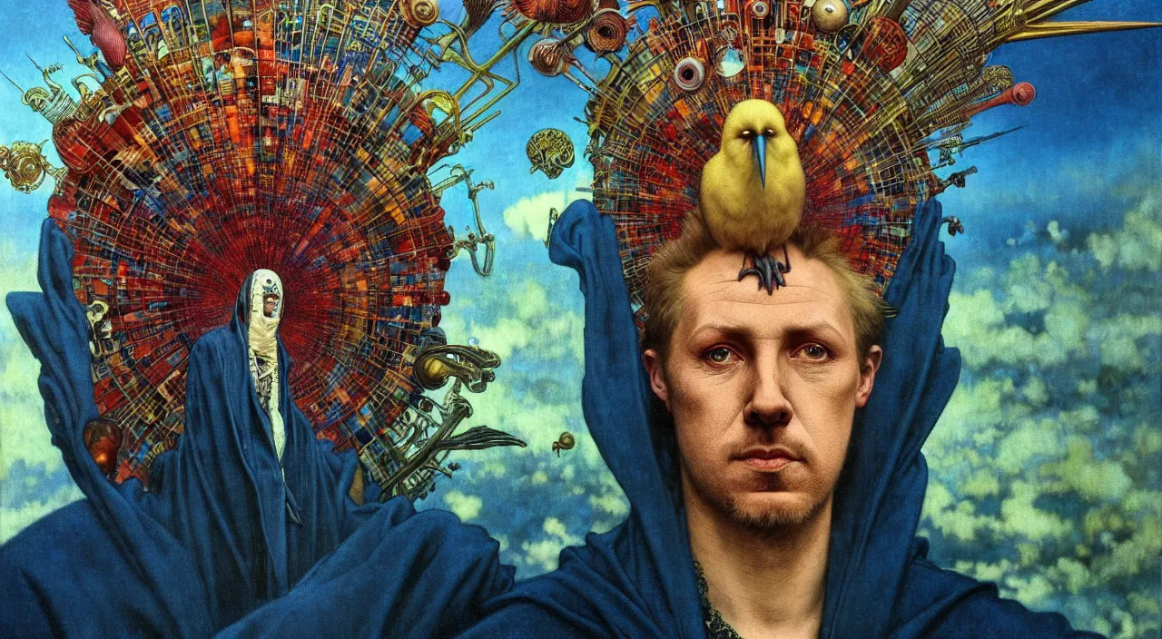 Image similar to realistic detailed portrait movie shot of a birdman wearing dark robes, sci fi city landscape background by denis villeneuve, amano, yves tanguy, alphonse mucha, ernst haeckel, max ernst, roger dean, masterpiece, rich moody colours, blue eyes, occult