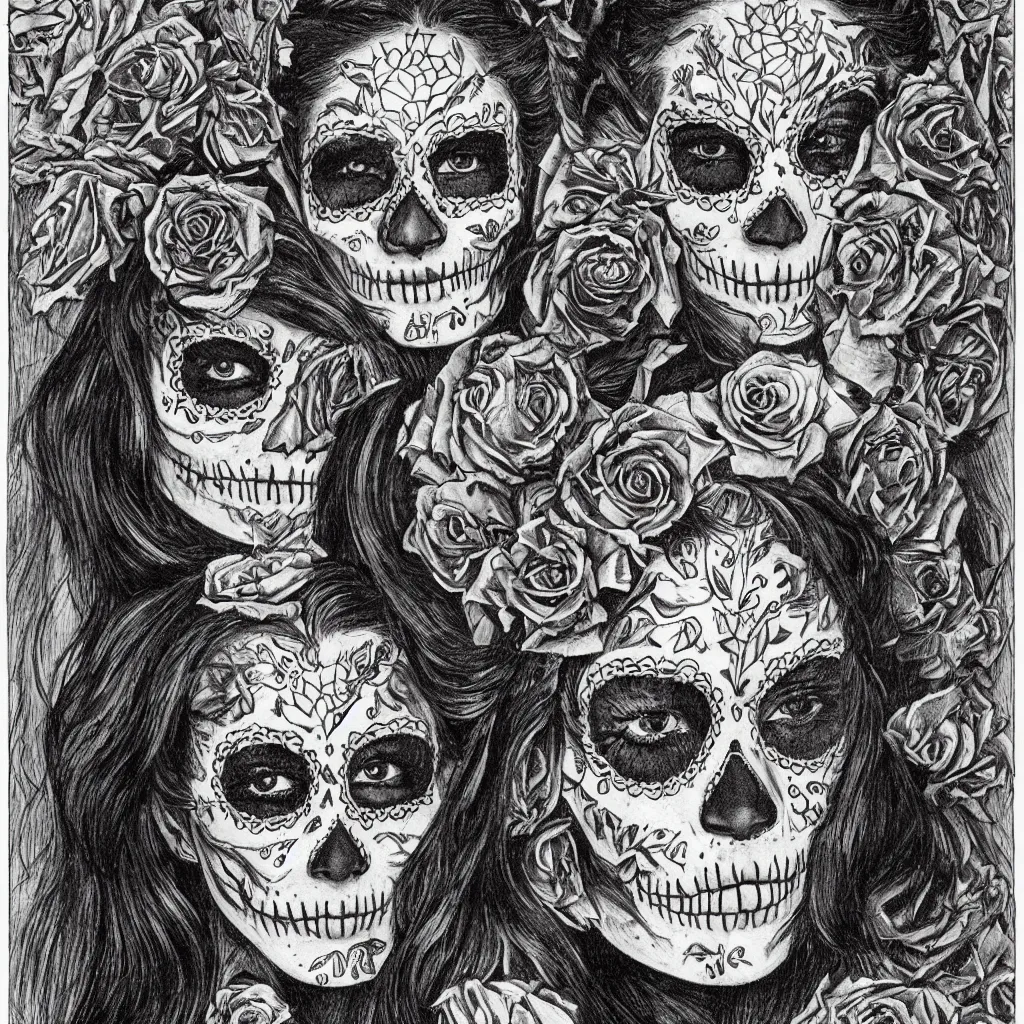 Image similar to Illustration of a sugar skull day of the dead girl, art by louis rhead