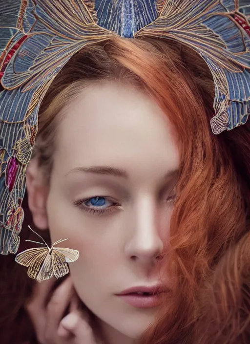 Prompt: Kodak Portra 400, 8K, soft light, volumetric lighting, highly detailed, fine art portrait photography in style of Lindsay Adler, britt marling style 3/4 face merging with wings of Butterfly in metamorphosis complex 3d render , 150 mm lens, art nouveau fashion embroidered, intricate details, elegant, hyper realistic, ultra detailed, octane render, etheric, outworldly colours, emotionally evoking, head in focus, fantasy, ornamental, intricate, elegant, 8K, soft light, volumetric lighting, highly detailed, Refined, Highly Detailed, soft pastel lighting colors scheme, fine art photography, Hyper realistic, photo realistic