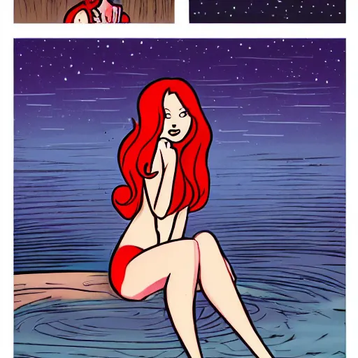 Prompt: a beautiful comic book illustration of a woman with long red hair sitting near a lake at night by darwyn cooke, featured on artstation